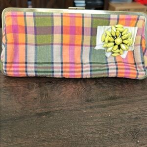 Colorful Plaid Clutch with Floral Accent